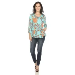 Boho V-Neck Swing Tunic Top - Women's Flowy 3/4 Sleeve Blouse -Dressbarn Store womens vibrant boho swing top 231793