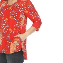 Boho V-Neck Swing Tunic Top - Women's Flowy 3/4 Sleeve Blouse -Dressbarn Store womens vibrant boho swing top 273000