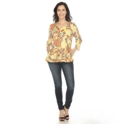 Boho V-Neck Swing Tunic Top - Women's Flowy 3/4 Sleeve Blouse -Dressbarn Store womens vibrant boho swing top 514474