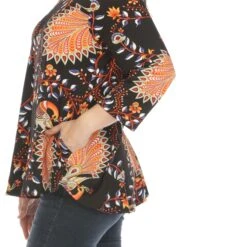 Boho V-Neck Swing Tunic Top - Women's Flowy 3/4 Sleeve Blouse -Dressbarn Store womens vibrant boho swing top 548390