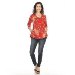 Boho V-Neck Swing Tunic Top - Women's Flowy 3/4 Sleeve Blouse