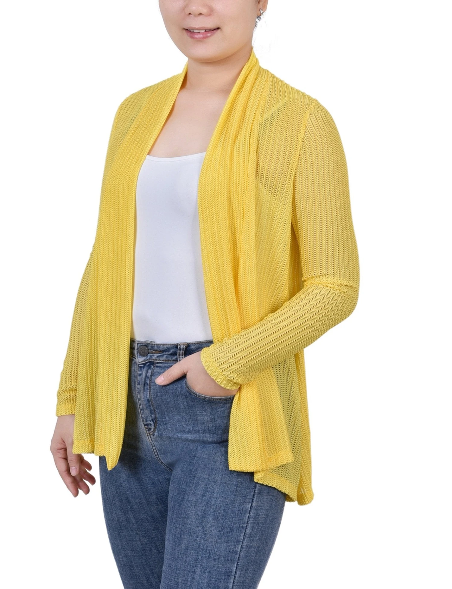 Vibrant Yellow Open Knit Cardigan - Soft Stretch Layering Essential 2 Vibrant Yellow Open Knit Cardigan - Soft Stretch Layering Essential - Image 2