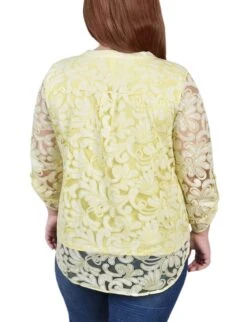Yellow Scrolleaf Long Sleeve Burnout Y Neck Blouse - Plus 7 Yellow Scrolleaf Long Sleeve Burnout Y Neck Blouse - Plus -Dressbarn Store yellow scrolleaf long sleeve burnout y neck blouse plus 293196