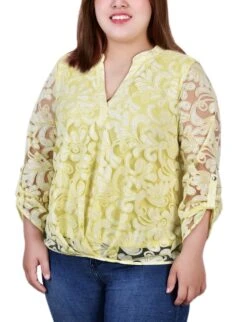Yellow Scrolleaf Long Sleeve Burnout Y Neck Blouse - Plus