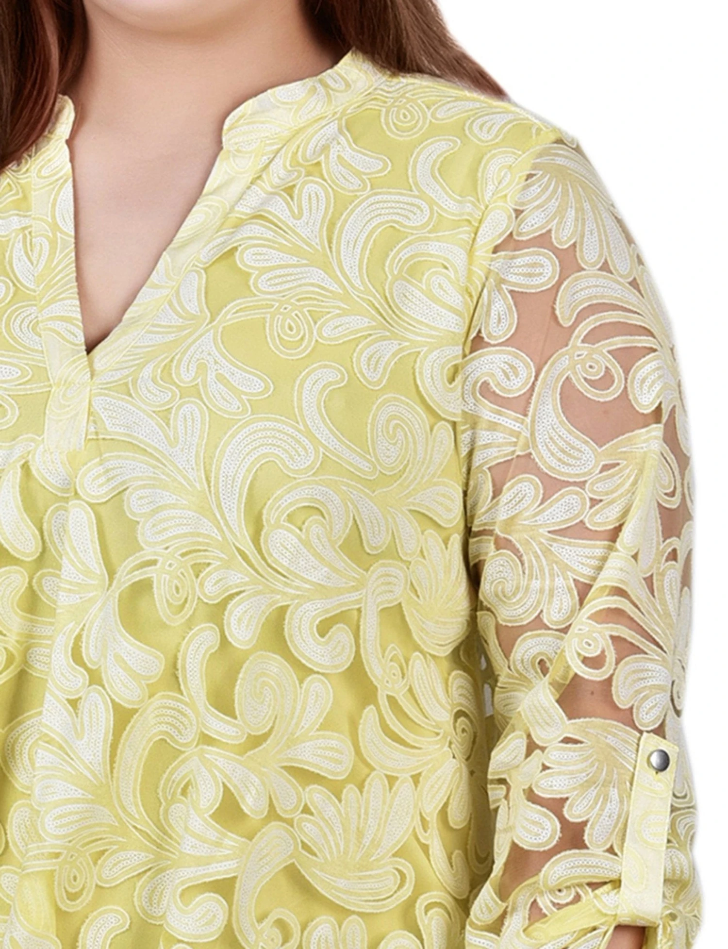 Yellow Scrolleaf Long Sleeve Burnout Y Neck Blouse - Plus 3 Yellow Scrolleaf Long Sleeve Burnout Y Neck Blouse - Plus - Image 3