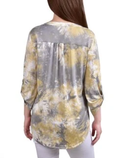 Petite Yellow Tie-Dye 3/4 Bell Sleeve Pleated Y-Neck Top -Dressbarn Store yellow tiedye 34 bell sleeve pleat front y neck top petite 856382